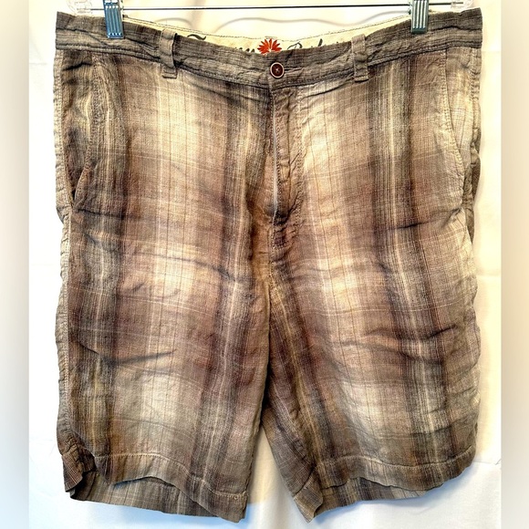 TOMMY BAHAMA Paradise Nation Tan Plaid Linen Silk Blend Shorts Size 35x10 - Picture 1 of 6